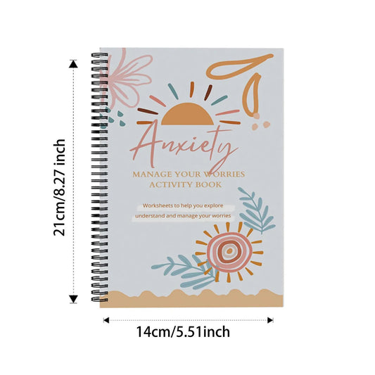 Notebook titled 'Anxiety: Manage Your Worries Activity Book' with measurements on a white background; a workbook for anxiety relief and mental health