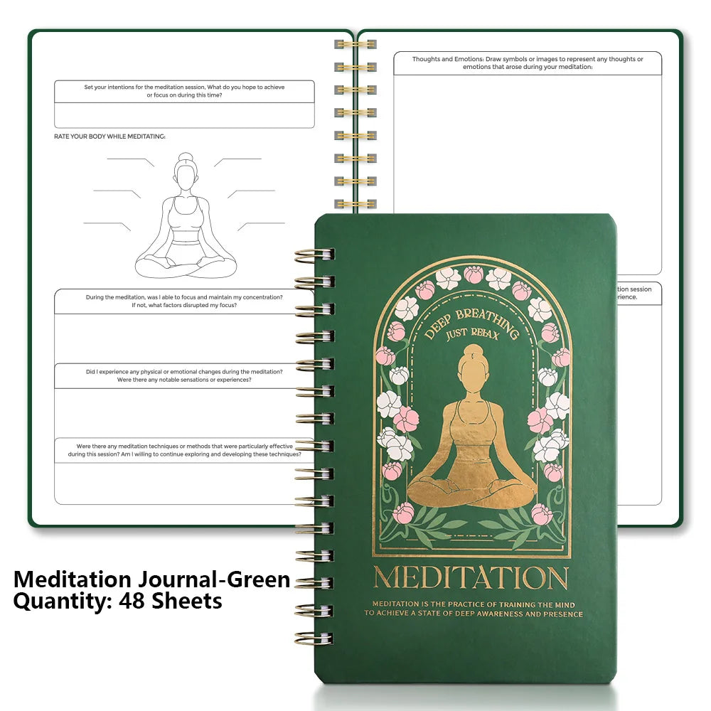Green meditation journal with spiral binding and floral design on a white background, for mindfulness meditation practice and mental health