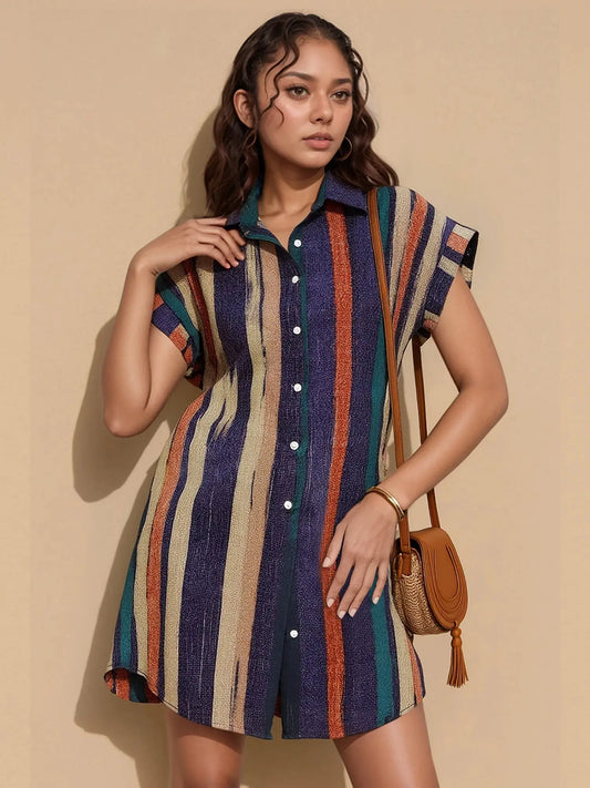 Casual Boho Dress: Striped Button-Front Shirt - red, blue, green, yellow, beige, black