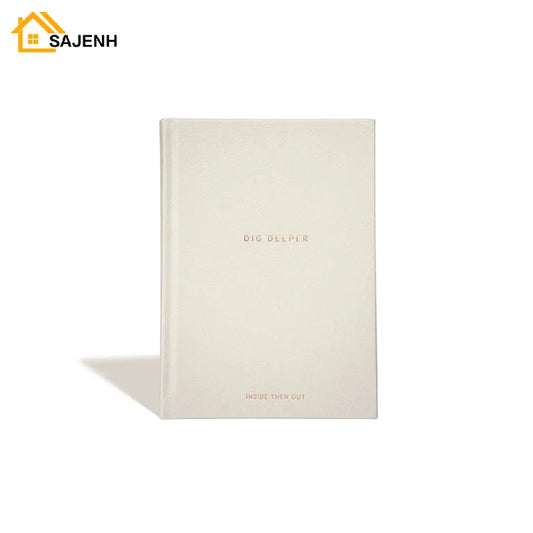 Beige journal with 'BIG DEEPER' text on a white background, for self-reflection, mindfulness, mental health support, and gratitude.