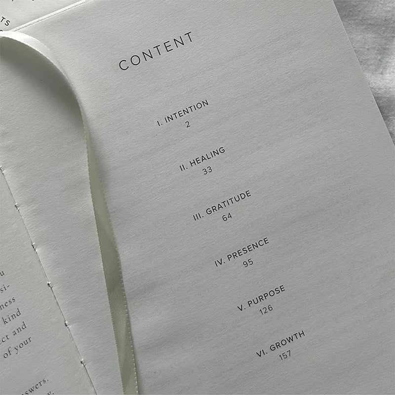Table of contents page of a journal with chapter titles and page numbers, for self-reflection, mindfulness, mental health support, and gratitude.