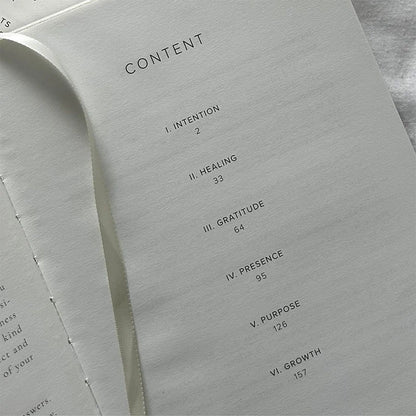 Table of contents page of a journal with chapter titles and page numbers, for self-reflection, mindfulness, mental health support, and gratitude.
