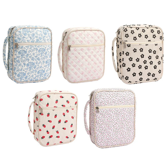 Five patterned book bags on a white background; book cover and carrying case