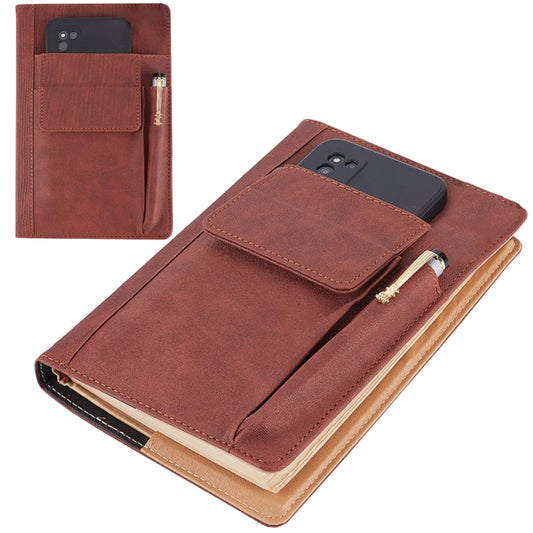 Brown leather book & journal cover with multiple pockets on a white background