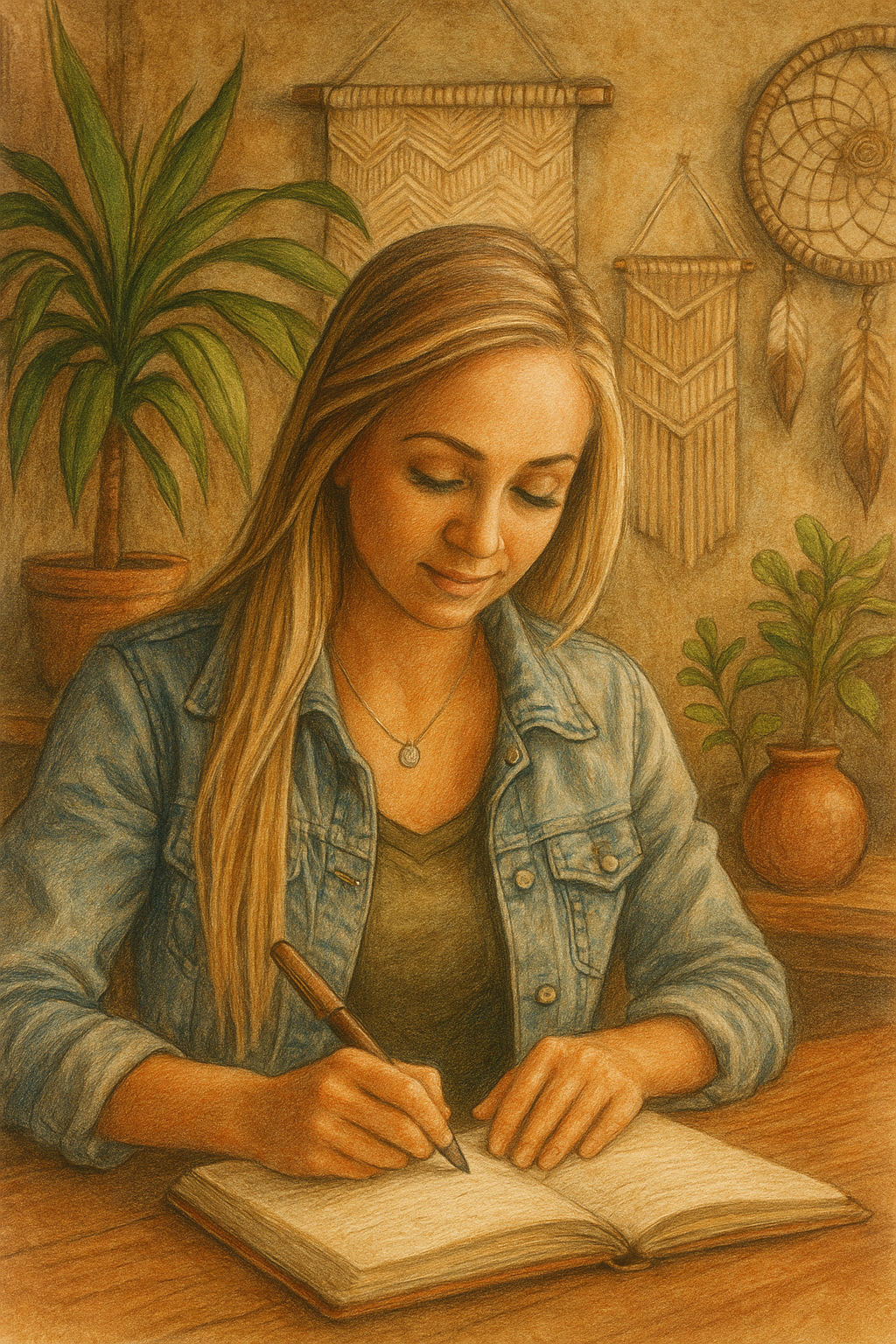 An illustration of T.L. Amber writing poetry in her journal