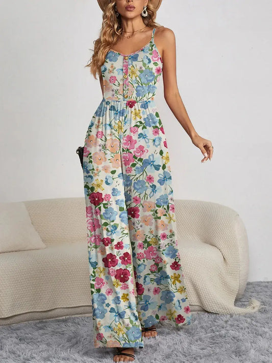 FAM-FAM Boho Decorative Button Spaghetti Strap Wide Leg Jumpsuit Romper T.L. Amber