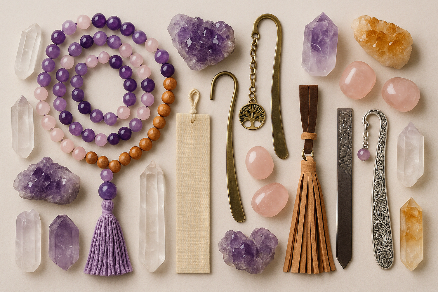 Collage of products that include mala beads, crystals, and unique bookmarks