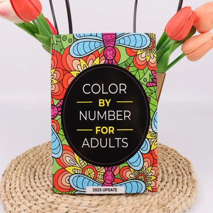 Color by Number for Adults coloring book for mindfulness, stress relief, and mental health, with colorful patterns, held by a hand with pink nail polish, surrounded by tulips.