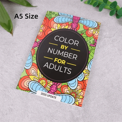 Color by Number for Adults coloring book for mindfulness, stress relief, and mental health, with colorful patterns with colorful design on a gray background