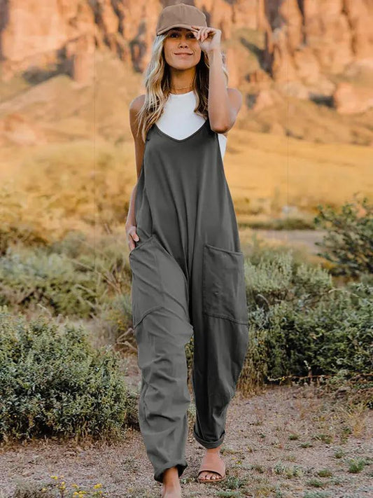 The Double Take Boho Jumpsuit: Full Size Sleeveless V-Neck Pocketed Romper - T.L. Amber