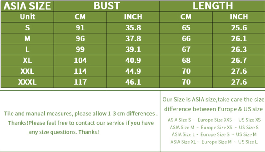 Size chart for bust and length measurements in centimeters and inches with ASIA size labels - for mental health awareness t-shirt