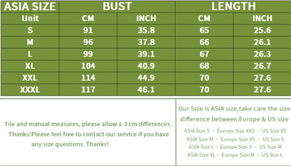 Size chart for bust and length measurements in centimeters and inches with ASIA size labels - for mental health awareness t-shirt
