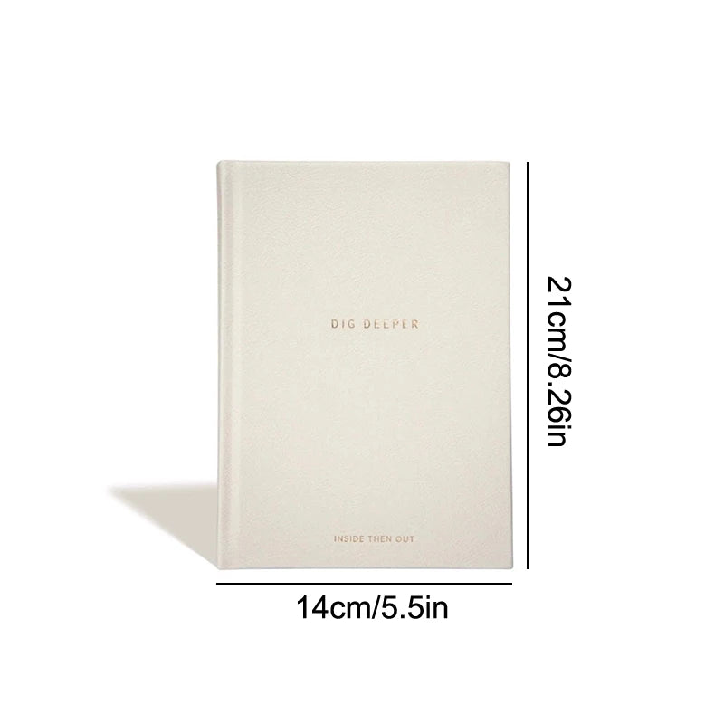 Dig deeper journal with dimensions labeled on a white background, for self-reflection, mindfulness, mental health support, and gratitude.
