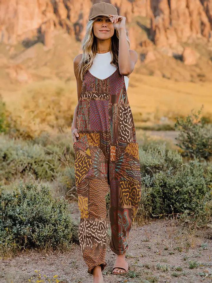 The Double Take Boho Jumpsuit: Full Size Sleeveless V-Neck Pocketed Romper - T.L. Amber