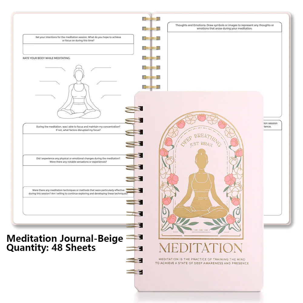 Meditation journal with a pink cover featuring a gold illustration of a person in a meditative pose, on a white background, for mindfulness meditation and mental health routine