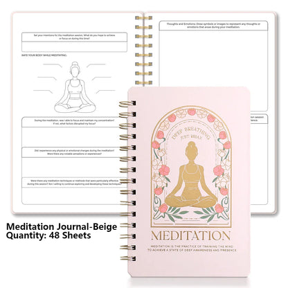 Meditation journal with a pink cover featuring a gold illustration of a person in a meditative pose, on a white background, for mindfulness meditation and mental health routine