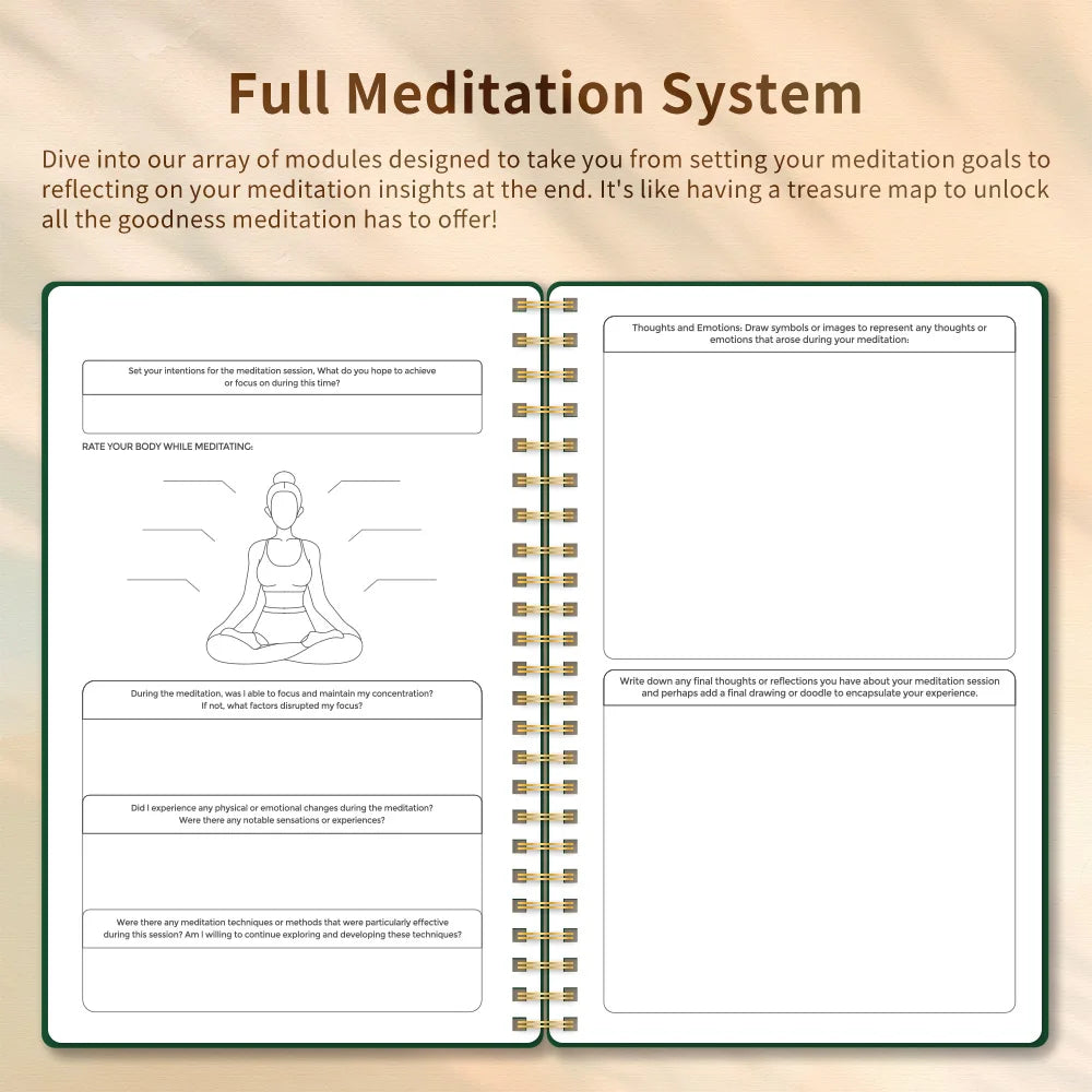 Meditation journal with open pages on a beige background for mindfulness meditation and mental health
