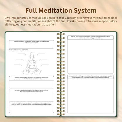 Meditation journal with open pages on a beige background for mindfulness meditation and mental health