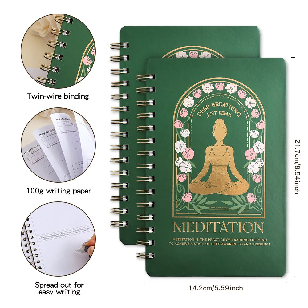 Green meditation notebook with spiral binding, 100g writing paper, and measurements on a white background, for mindfulness meditation and mental health