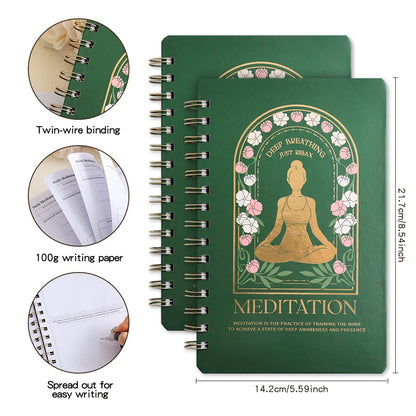 Green meditation notebook with spiral binding, 100g writing paper, and measurements on a white background, for mindfulness meditation and mental health