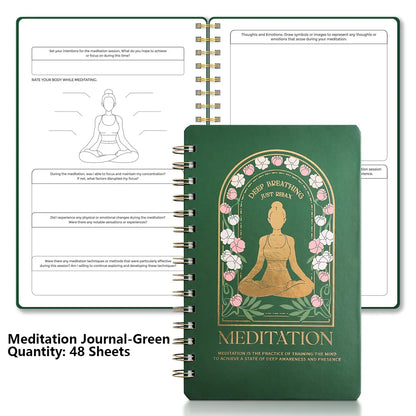 Green meditation journal with spiral binding and floral design on a white background, for mindfulness meditation practice and mental health
