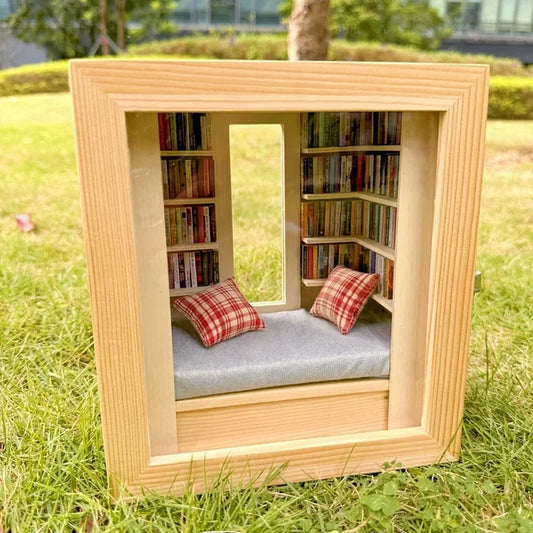 Small wooden reading nook with bookshelves, cushions, and a cushioned seat on grass for mindfulness and anxiety relief